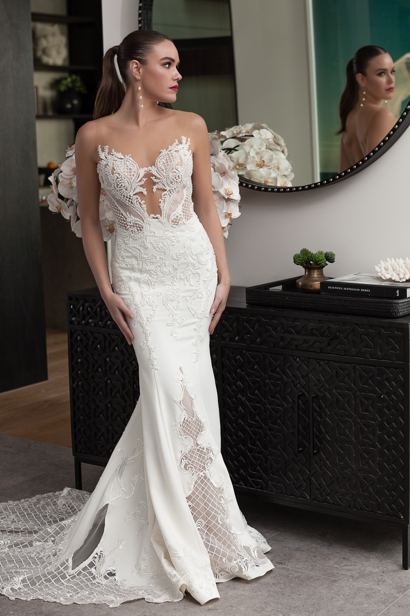 Crepe wedding dress with beaded bodice