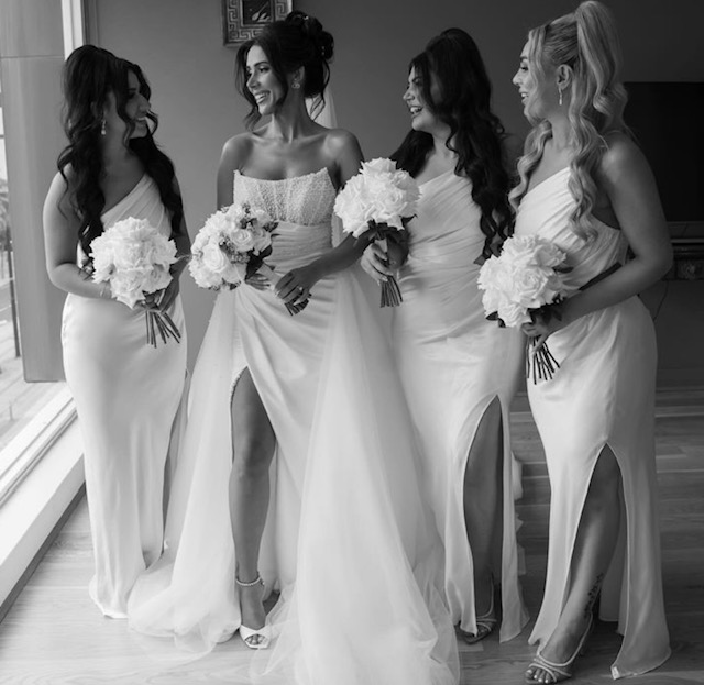 Beaded pearl satin wedding gown